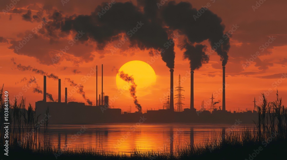 A factory skyline silhouetted against a fiery sunset, smoke billowing from its chimneys. A factory skyline silhouetted against a fiery sunset, smoke billowing from its chimneys.