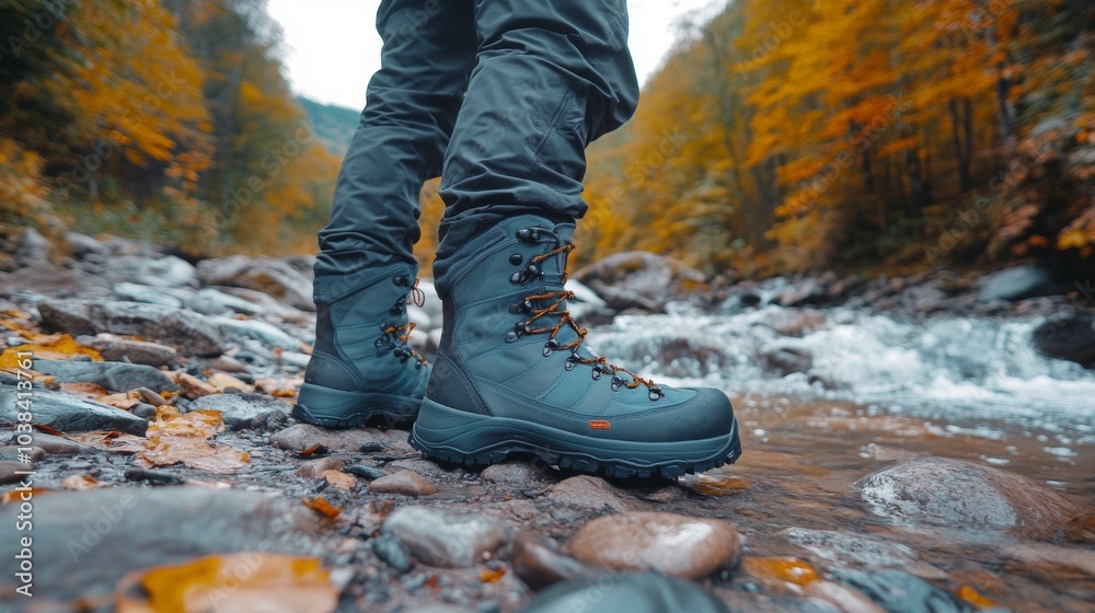 Hiking Boots in Autumn Stream Rocky Creek Outdoor Adventure Nature Fall Foliage Hiking Boots in Autumn Stream Rocky Creek Outdoor Adventure Nature Fall Foliage