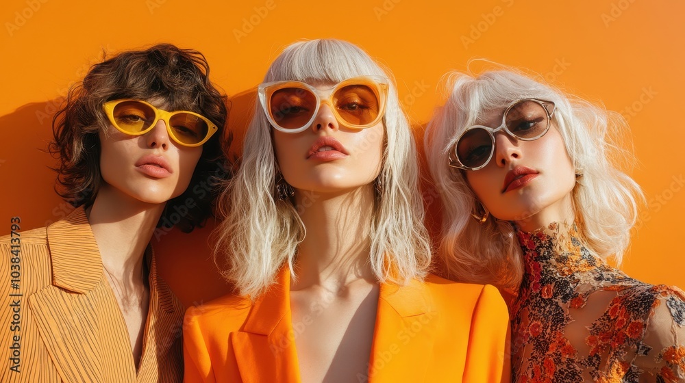 Three stylish people with white hair pose against an orange background Three stylish people with white hair pose against an orange background