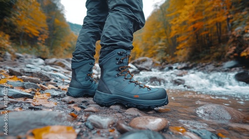 Hiking Boots in Autumn Stream Rocky Creek Outdoor Adventure Nature Fall Foliage