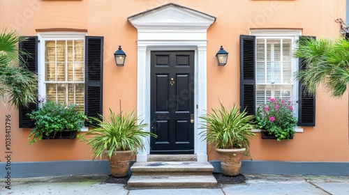 Charming Cottage Entrance with Plants and Bright Walls