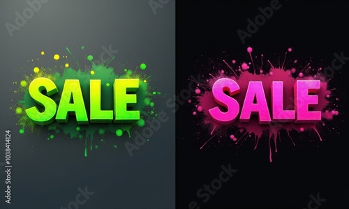 Vibrant 3D SALE lettering with artistic paint explosion on black, ideal for advertisements and banners.
