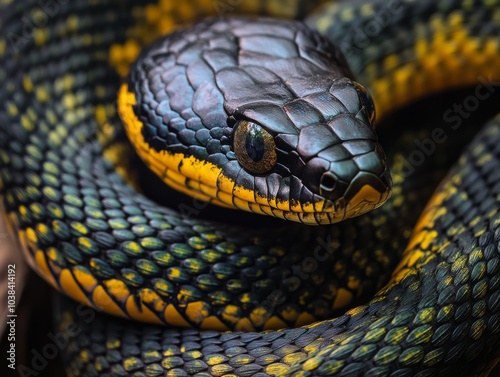 Sharp focus on a black snake’s yellow eyes and textured scaly skin in a macro photograph