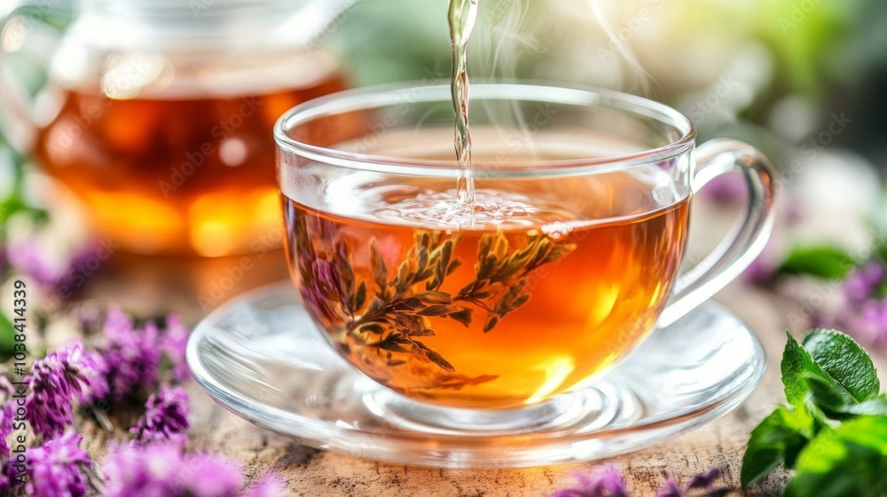 Hot Tea Pouring Into Glass Cup on Wooden Table with Herbs Hot Tea Pouring Into Glass Cup on Wooden Table with Herbs