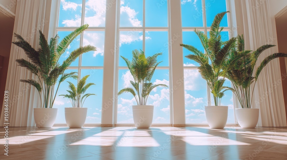 Fototapeta premium Modern Spacious Interior with Large Windows and Plants
