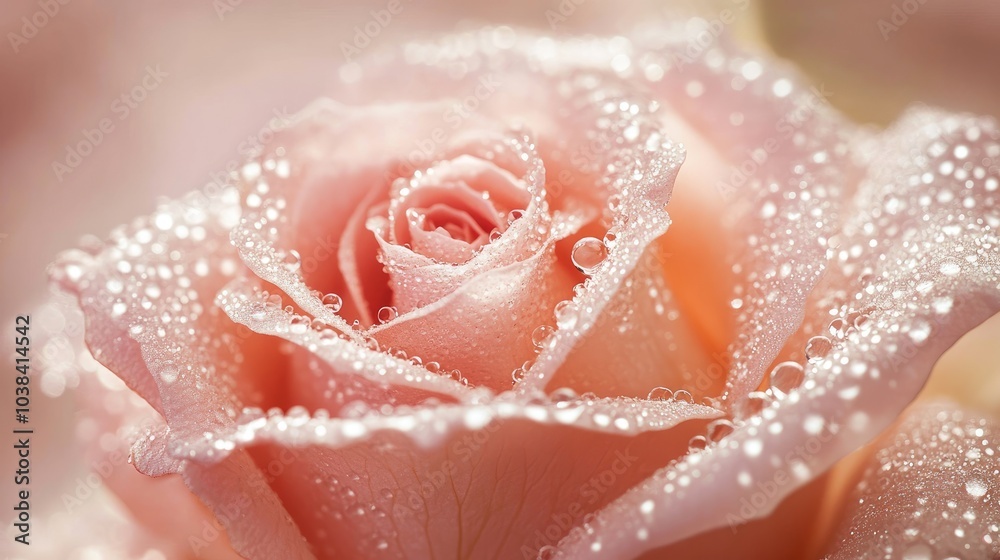 Fototapeta premium Water droplets delicately balanced on a soft pink rose petal, creating a breathtaking and detailed view of nature's grace