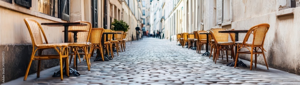 An empty cobblestone street lined with classic outdoor café tables and chairs, set against a backdrop of traditional European architecture, creating a quaint and inviting atmosphere An empty cobblestone street lined with classic outdoor café tables and chairs, set against a backdrop of traditional European architecture, creating a quaint and inviting atmosphere
