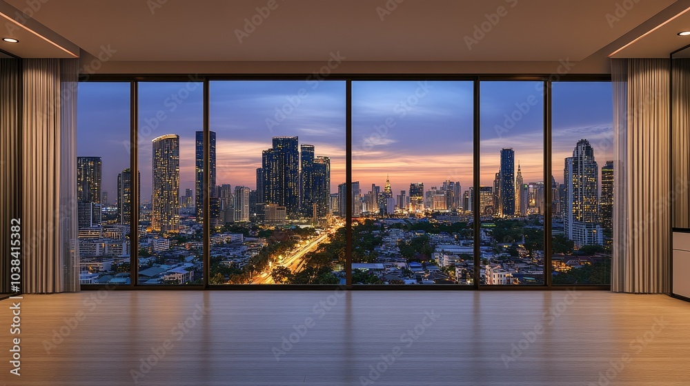 Fototapeta premium Stunning Empty Room with City Skyline View at Dusk