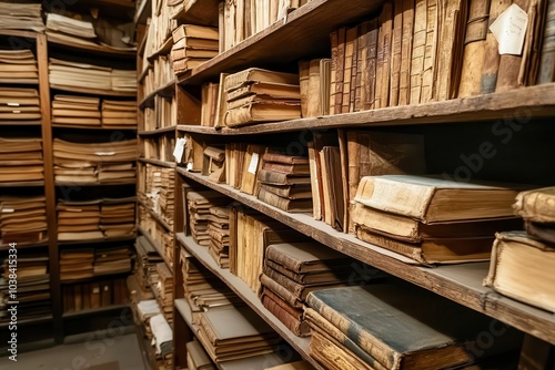 Old bookstore with wooden shelves overflowing with dusty volumes, Classic literature haven, Intellectual history