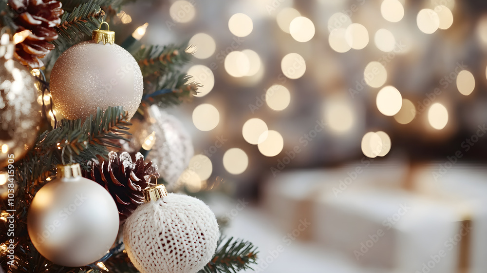 festive Christmas tree adorned with ornaments and warm lights creates joyful atmosphere festive Christmas tree adorned with ornaments and warm lights creates joyful atmosphere