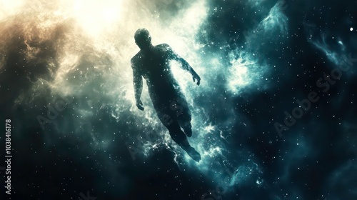 A silhouette of a man floating in a nebula with a bright light shining in the background.