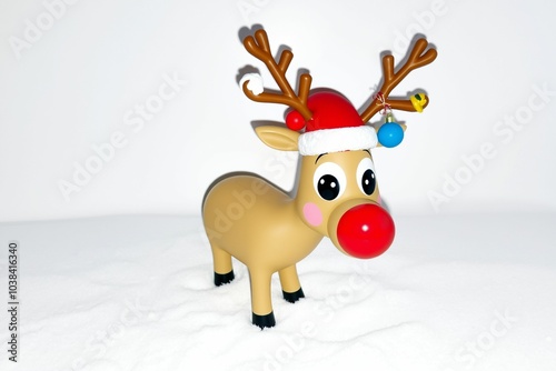 Cute 3D reindeer with Santa hat and decorated antlers.generative AI