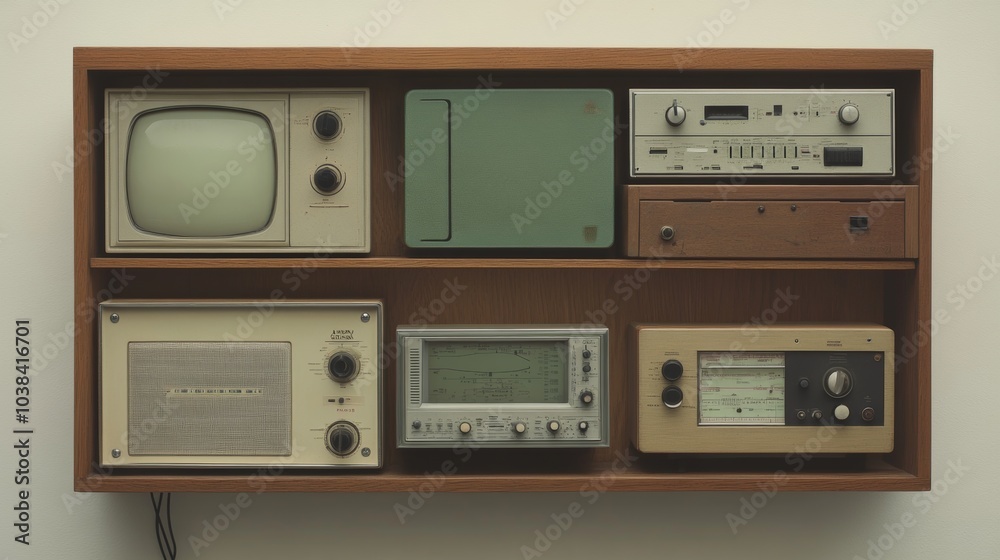 Fototapeta premium Vintage Retro Electronics Collection on Wooden Shelf