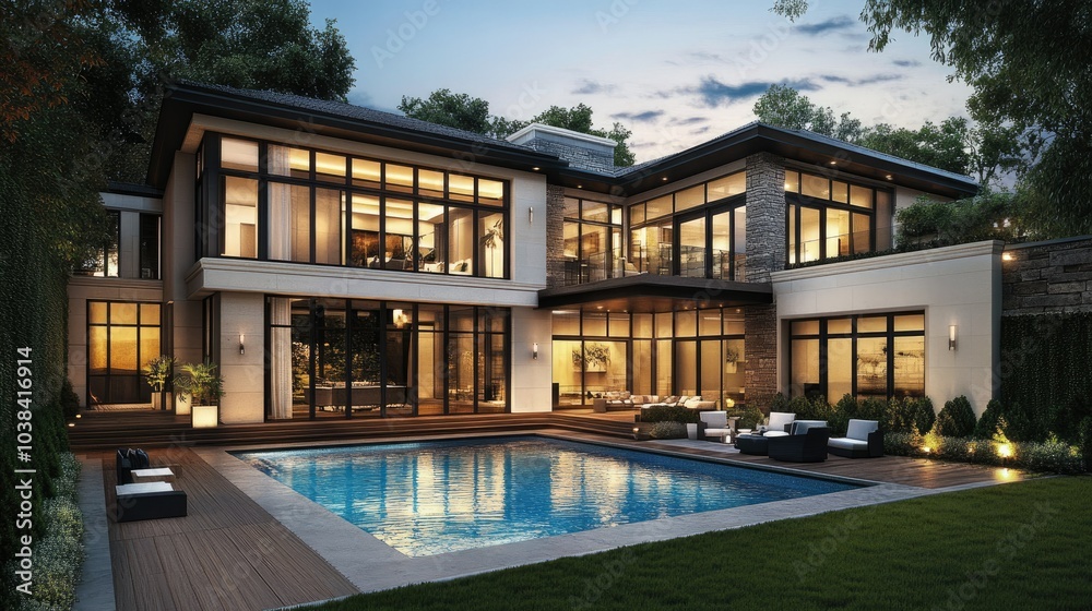Modern Elegant House Exterior with Pool at Dusk Modern Elegant House Exterior with Pool at Dusk