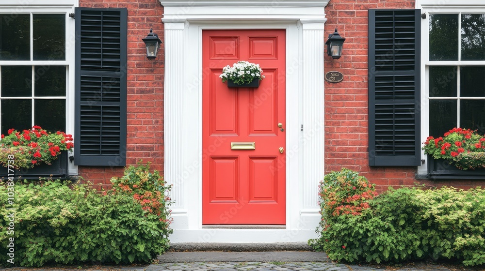 Fototapeta premium Classic Red Door with Flowers and Greenery