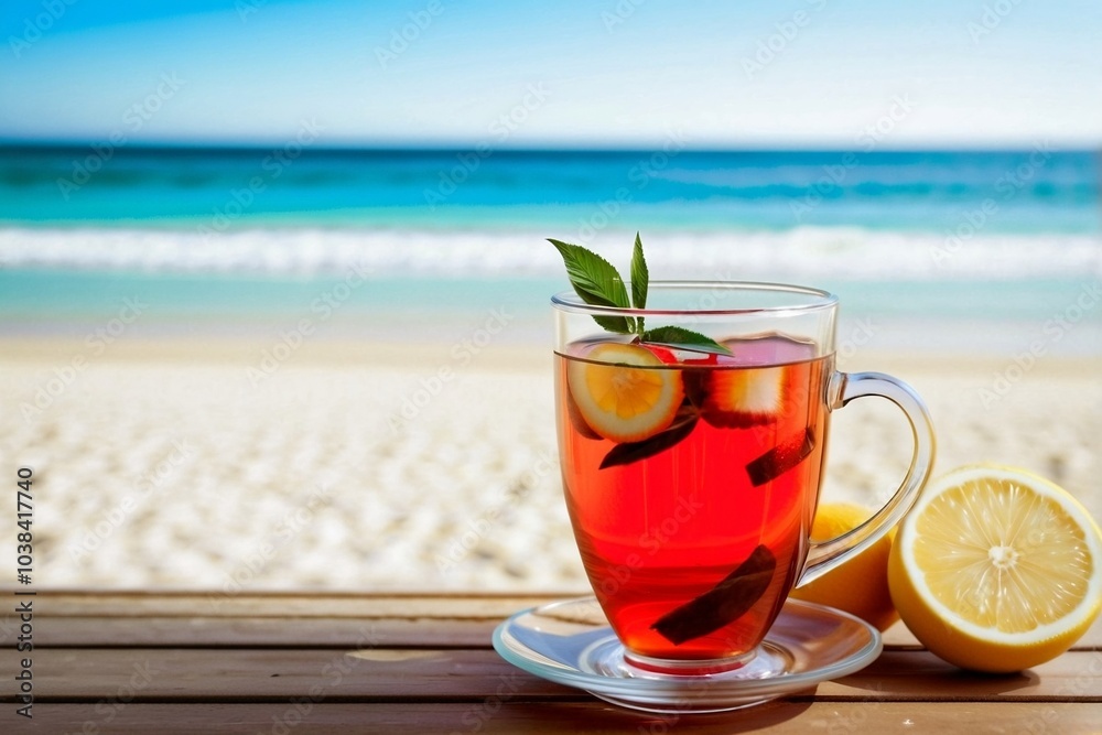 Refreshing fruity tea against a summer beach background with copy space. Refreshing fruity tea against a summer beach background with copy space.