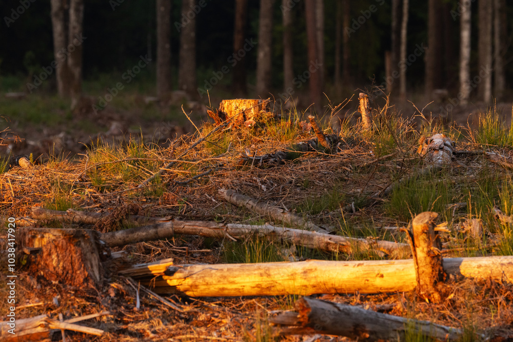 Fototapeta premium A clear-cut area with logs and stumps on an early summer morning in rural Estonia, Northern Europe