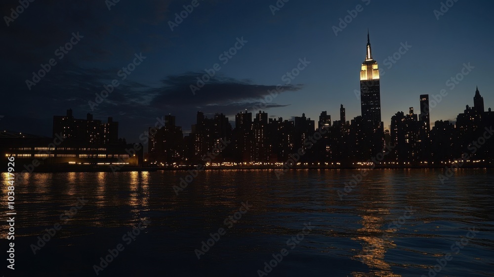 Fototapeta premium City Skyline at Dusk with Reflections on Water