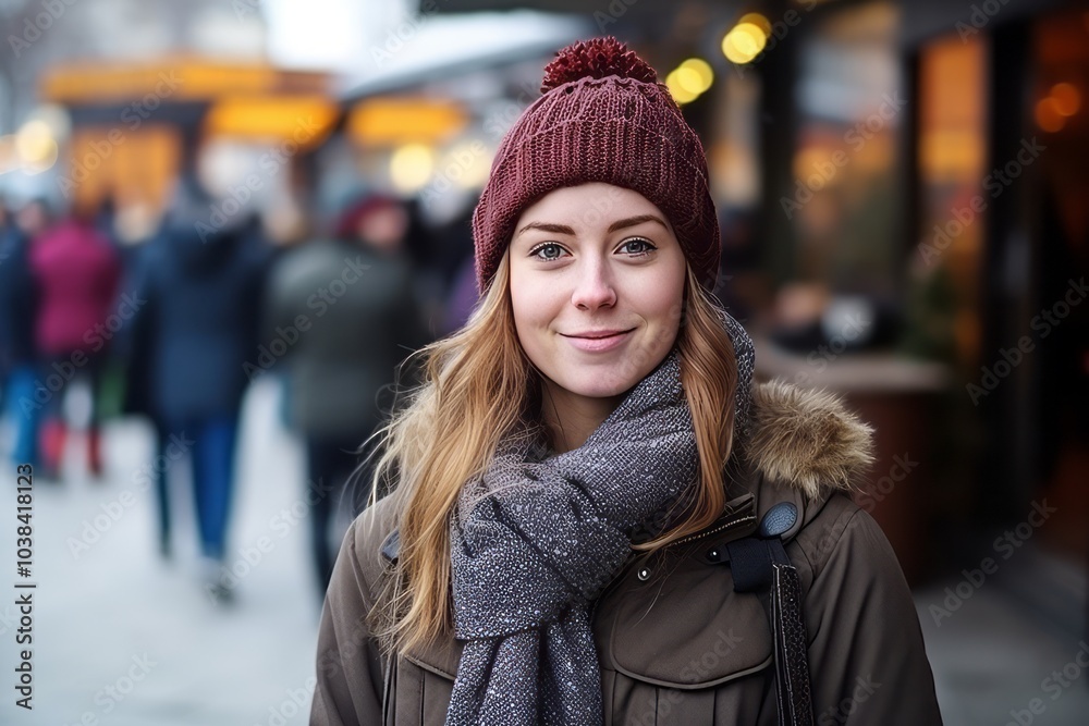 Portrait of a beautiful young woman on a shopping street in winter Portrait of a beautiful young woman on a shopping street in winter