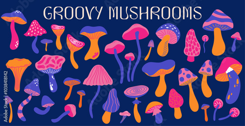 Set of various mushrooms in retro cartoon groovy 70s hippie funky style. Different types of fungi vector illustration elements for design. Psychedelic abstract colored shrooms stickers big collection