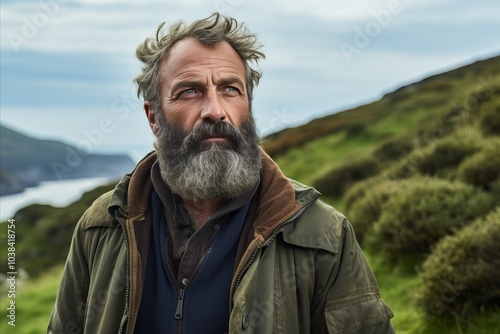 Bearded rugged explorer in wilderness landscape, adventure and nature concept