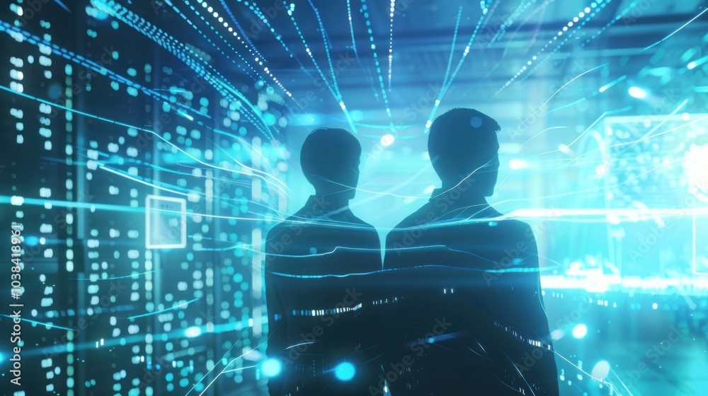 Silhouettes of Two People Against a Futuristic Digital Background Silhouettes of Two People Against a Futuristic Digital Background