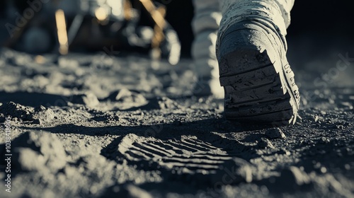 Obraz na płótnie Astronaut Footprints on the Moon : Close-up of an astronaut’s footprints in the lunar dust, symbolizing human exploration on the Moon w salonie