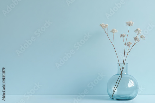 delicate arrangement of white flowers in clear glass vase against soft blue background creates serene and calming atmosphere. This minimalist design enhances any space beautifully
