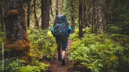 Man hiking through a dense forest, his backpack loaded with gear for an outdoor adventure. Exploration and nature.