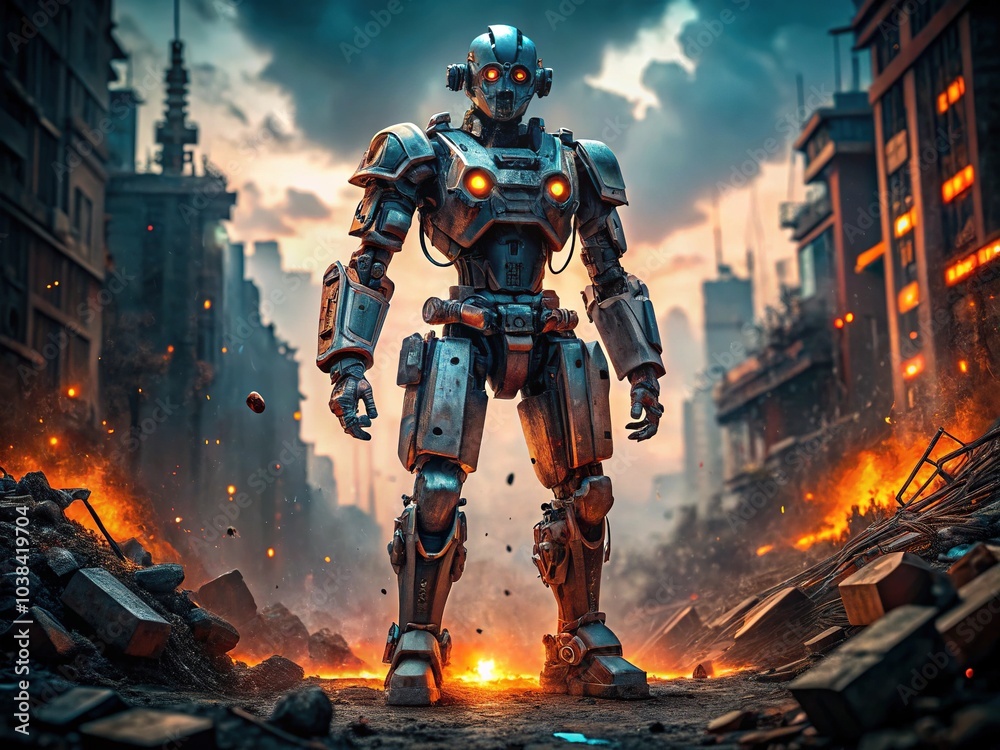 Dystopian Robot Victorious - Cyberpunk Cityscape Dystopian Robot Victorious - Cyberpunk Cityscape