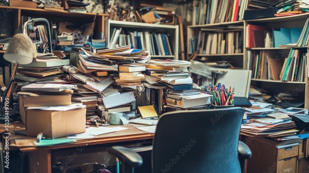 Chaotic Office Desk with Piles of Paperwork and Supplies Chaotic Office Desk with Piles of Paperwork and Supplies