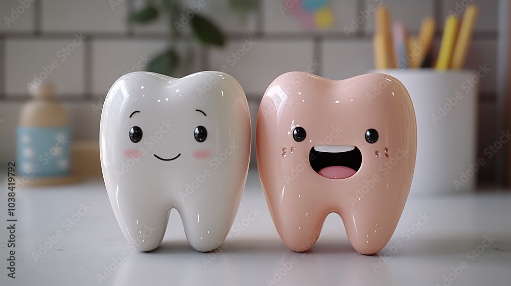 Eyecatching design showcasing a cheerful tooth and a distressed tooth with a dental plaque tool displayed prominently all set on a stark white background to promote awareness about dental plaque care Eyecatching design showcasing a cheerful tooth and a distressed tooth with a dental plaque tool displayed prominently all set on a stark white background to promote awareness about dental plaque care