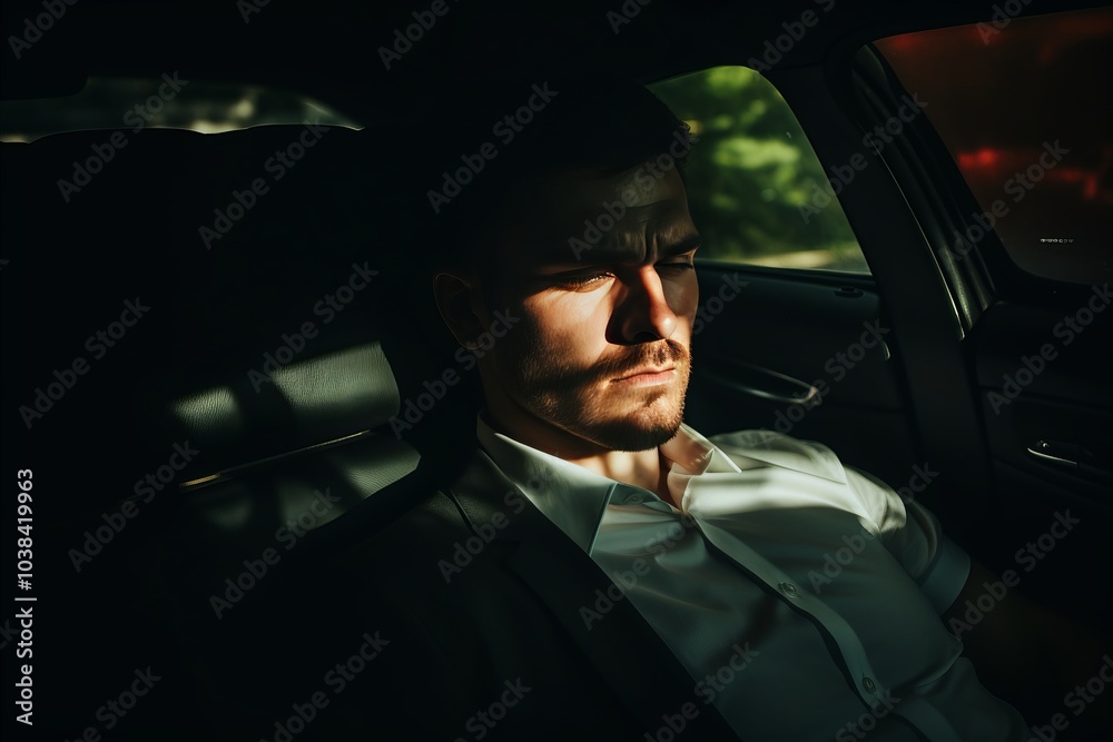 Contemplative man in shadowed car interior with dramatic shadows. Contemplative man in shadowed car interior with dramatic shadows.