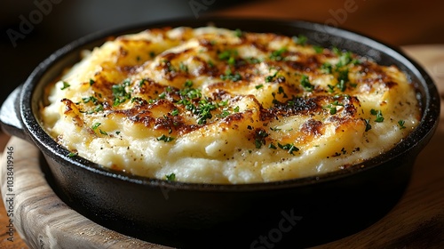 Hearty and traditional organic beef shepherd s pie with a golden mashed potato crust served in a rustic cast iron baking dish a comforting and delicious home cooked meal