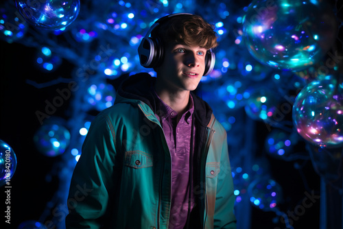 young teen in headphones enjoys music surrounded by vibrant, glowing lights.