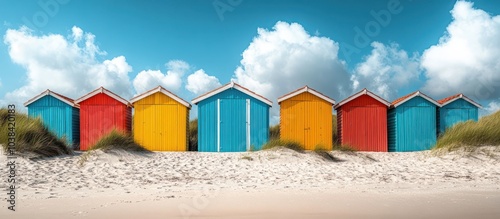 Colorful beach huts on a sandy beach with blue sky and clouds.