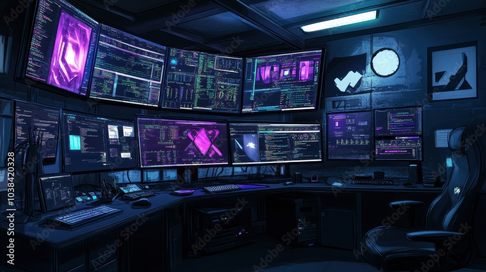 High-Tech Cyber Space with Multiple Monitors High-Tech Cyber Space with Multiple Monitors