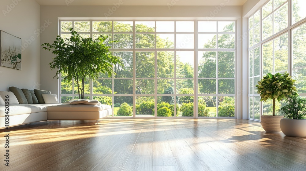 Fototapeta premium Minimalist Empty Room with Large Windows and Greenery