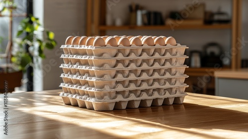 Multiple stacks of compostable egg trays, neatly arranged with soft shadows, showcasing eco-conscious packaging alternatives, light wooden background photo