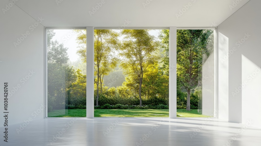 Fototapeta premium Bright Minimalist Room with Large Windows and Green View