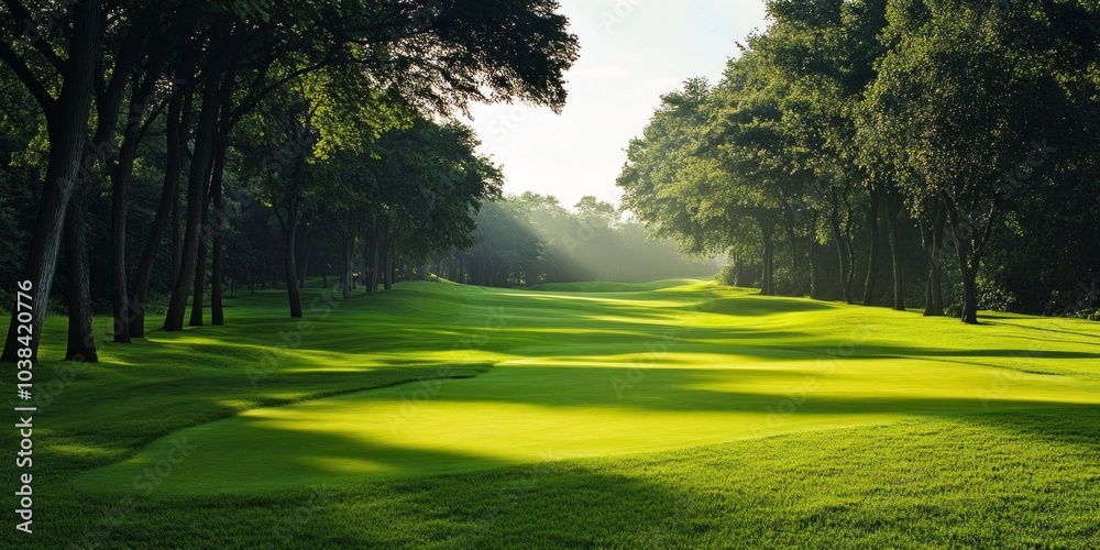 A serene view of a golf course surrounded by tall trees. The lush green fairway draws you in. Sunlight filters through the leaves, creating a peaceful atmosphere. Enjoy nature and sport. AI A serene view of a golf course surrounded by tall trees. The lush green fairway draws you in. Sunlight filters through the leaves, creating a peaceful atmosphere. Enjoy nature and sport. AI