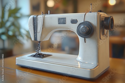 A vintage sewing machine displayed on a wooden table, showcasing its classic design and function. photo