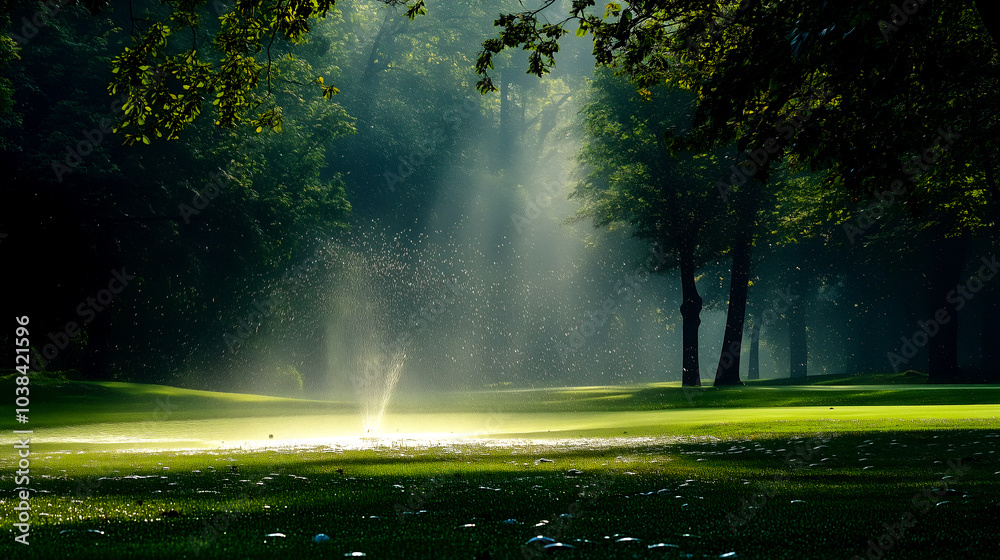 Morning sunlight streaming through forest trees, peaceful nature landscape with sunlight rays on green grass Morning sunlight streaming through forest trees, peaceful nature landscape with sunlight rays on green grass
