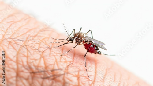 Mosquito-borne virus EEE. A close-up of a mosquito feeding on human skin, with its proboscis deeply embedded in the flesh. photo