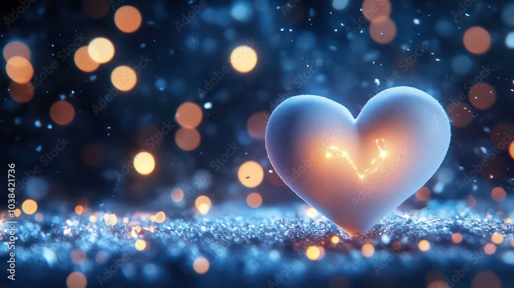 A white heart shape with a glowing light inside, sitting on a glittering surface with a bokeh background of warm lights. A white heart shape with a glowing light inside, sitting on a glittering surface with a bokeh background of warm lights.
