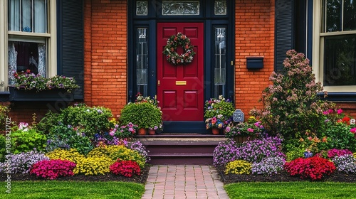 Charming Red Doorhouse Surrounded by Colorful Flowers photo