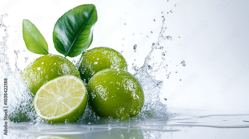 Fresh limes splashing into water with green leaves on white background, showcasing freshness and vitality