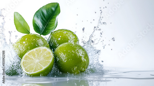 Fresh limes splashing into water with green leaves on white background, showcasing freshness and vitality