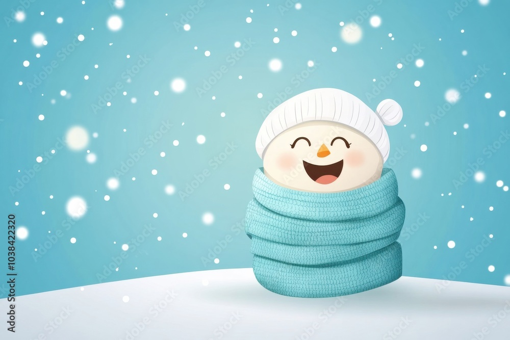 custom made wallpaper toronto digitalA cheerful snowman wrapped in a cozy blue scarf, surrounded by falling snowflakes against a soft blue background, evoking a joyful winter vibe.