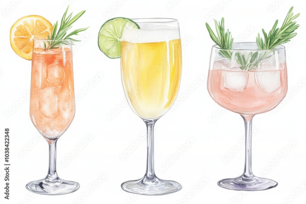 A collection of three colorful cocktails served in elegant glasses, garnished with fresh ingredients like lemon, lime, and herbs, set against a white background. A collection of three colorful cocktails served in elegant glasses, garnished with fresh ingredients like lemon, lime, and herbs, set against a white background.